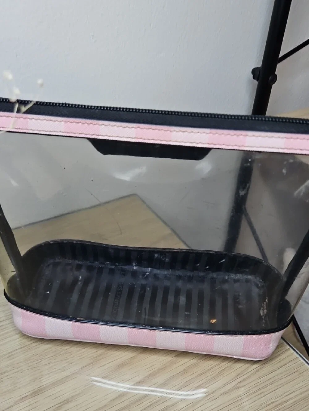 Victoria's Secret Clear Cosmetic Pouch with Pink Trim and Striped Base